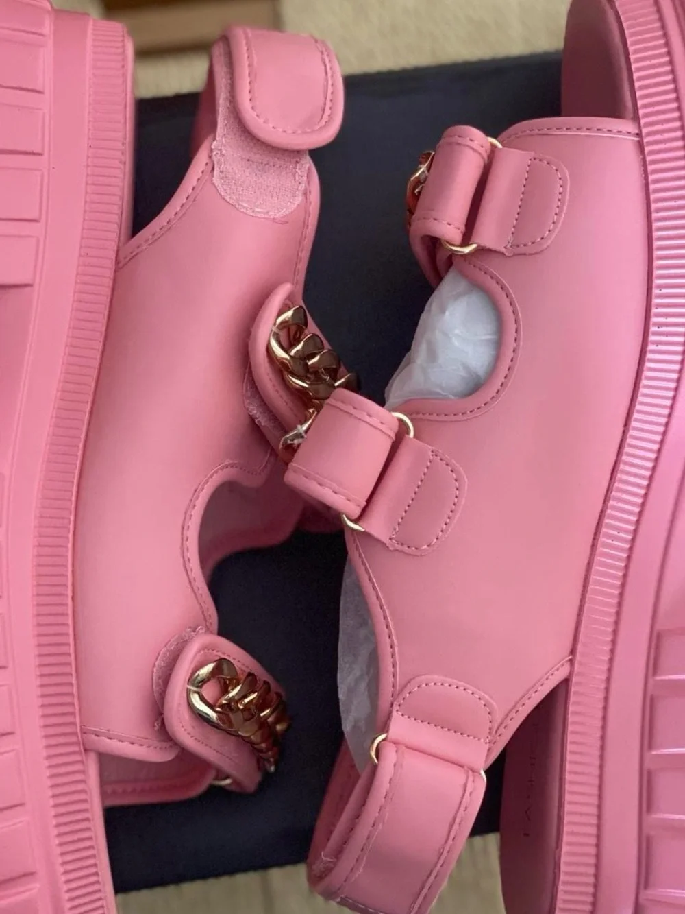 Fashion Nova Pink Platform Sandals with Gold Chain Trim